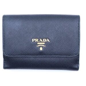 Prada Saffiano Trifold Wallet Compact Black Leather Gold